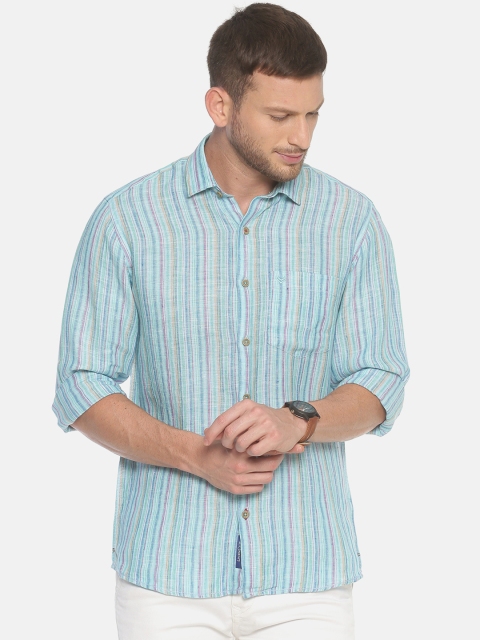 

Linen Club Men Turquoise Blue Regular Fit Striped Linen Casual Shirt