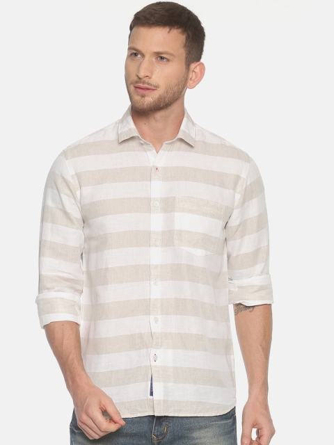 

Linen Club Men Grey & Off-White Regular Fit Striped Casual Shirt