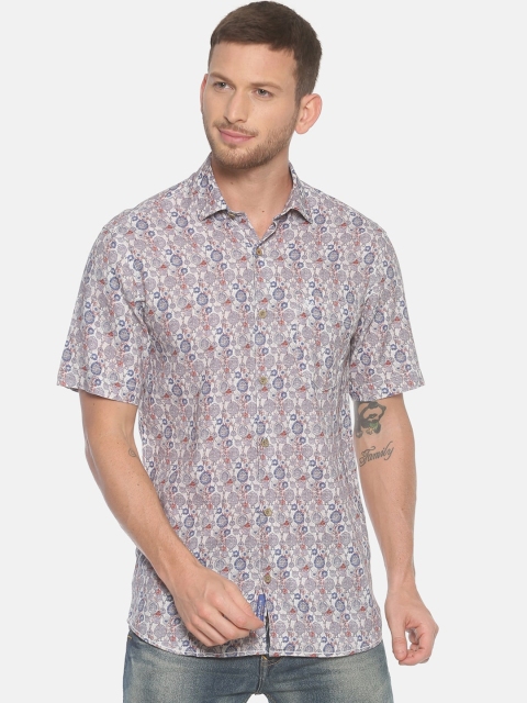 

Linen Club Men Grey & Blue Regular Fit Printed Sustainable Casual Shirt