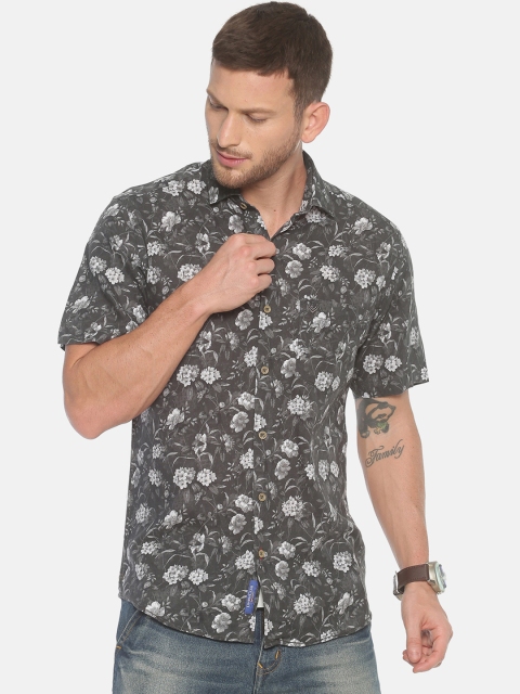 

Linen Club Men Charcoal Grey Regular Fit Floral Printed Casual Shirt