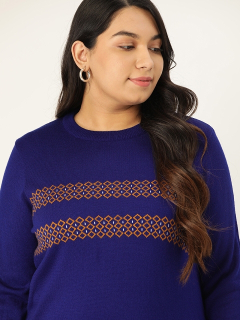 

Sztori Women Plus Size Blue & Orange Self Design Acrylic Pullover