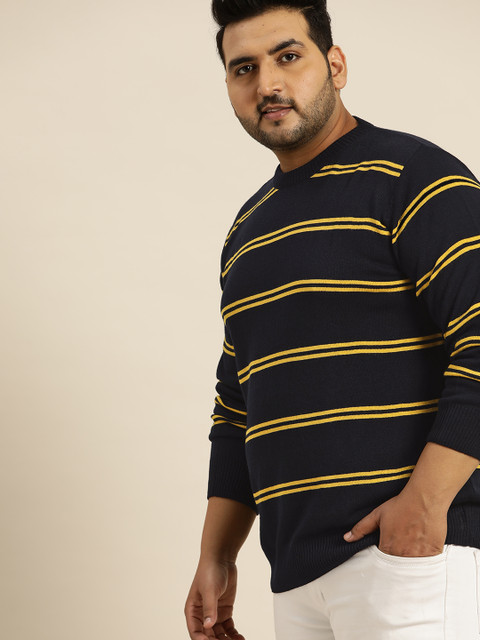 

Sztori Men Navy Blue & Yellow Striped Plus Size Acrylic Pullover Sweater