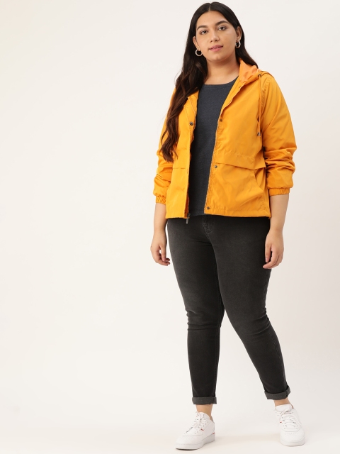 

Sztori Women Mustard Yellow Solid Hooded Windcheater Plus Size Tailored Jacket