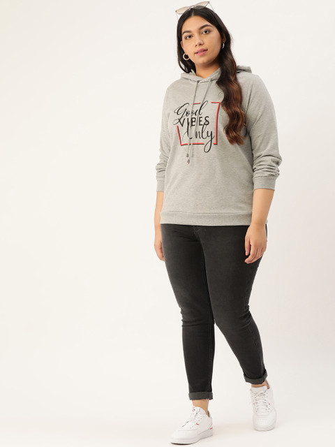 

Sztori Women Grey Melange Printed Hooded Plus Size Sweatshirt