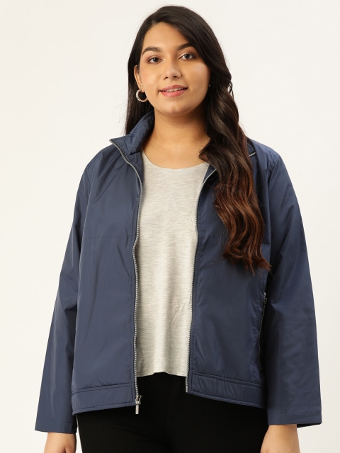 

Sztori Plus Size Women Navy Blue Solid Windcheater Tailored Jacket