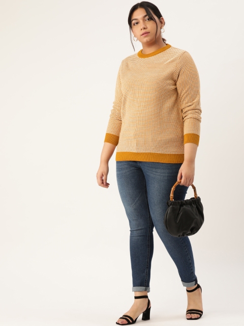 

Sztori Plus Size Women Cream-Coloured Mustard Yellow Self Design Acrylic Pullover
