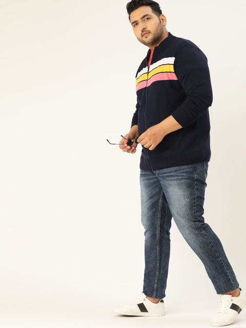 

Sztori Men Plus Size Navy Blue Striped Cardigan, Black