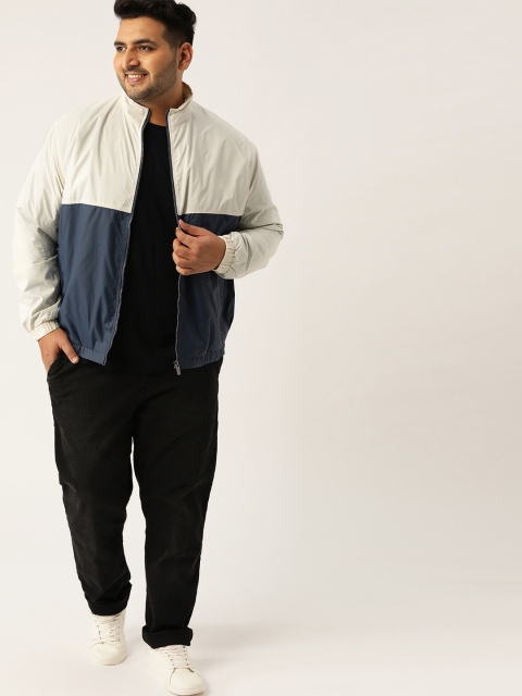 Sztori Plus Size Men Off-White Navy Blue Colourblocked Windcheater Tailored Jacket