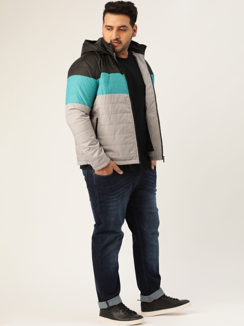

Sztori Plus Size Men Grey Blue Colourblocked Hooded Padded Jacket