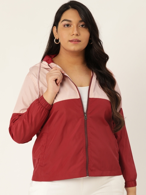 

Sztori Women Maroon & Pink Colourblocked Windcheater Hooded Plus Size Tailored Jacket