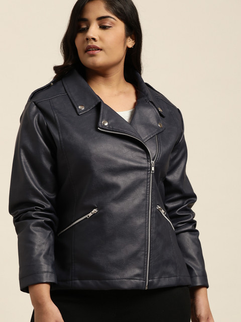 

Sztori Women Navy Blue Solid Plus Size Asymmetric Closure Biker Jacket