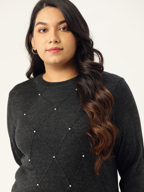 

Sztori Women Plus Size Charcoal Grey Acrylic Pearl Detail Self Design Pullover