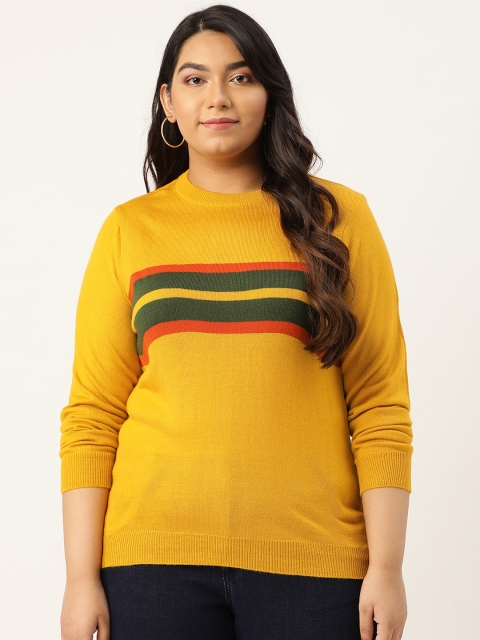 

Sztori Women Mustard Yellow & Green Striped Plus Size Acrylic Pullover Sweater