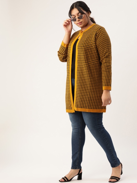 

Sztori Plus Size Women Mustard Yellow Black Self Design Front-Open Longline Sweater