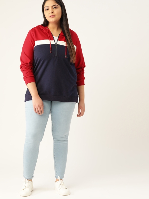 

Sztori Women Navy Blue & Red Colourblocked Hooded Sweatshirt