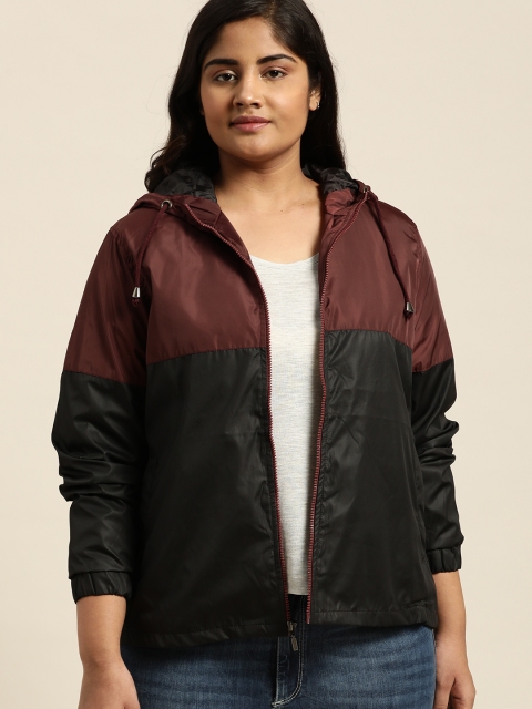 

Sztori Women Maroon Plus Size Colourblocked Hooded Windcheater Tailored Jacket