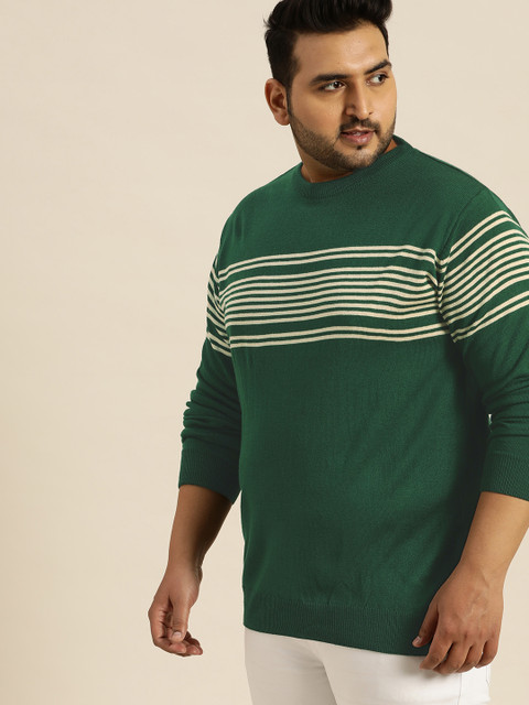

Sztori Men Green & Off-White Acrylic Striped Plus Size Pullover