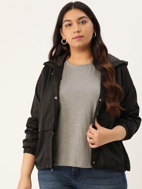 

Sztori Women Black Solid Hooded Windcheater Tailored Plus Size Jacket