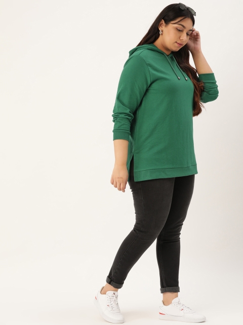 

Sztori Women Green Solid Longline Hooded Plus Size Sweatshirt