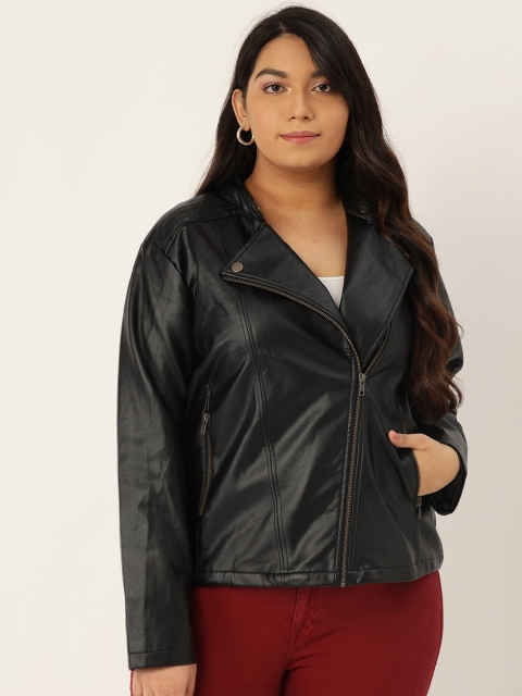 

Sztori Women Black Solid Asymmetric Closure Plus Size Biker Jacket