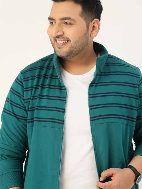 

Sztori Men Plus Size Teal Green & Navy Blue Striped Mock Neck Sweatshirt
