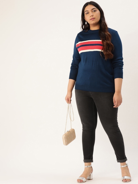 

Sztori Plus Size Women Navy Blue Coral Pink Striped Pullover