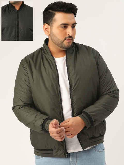 

Sztori Plus Size Men Black Olive Green Solid Reversible Bomber Jacket