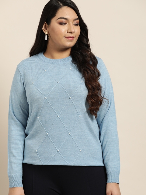 

Sztori Women Plus Size Blue Self Design Beaded Pullover