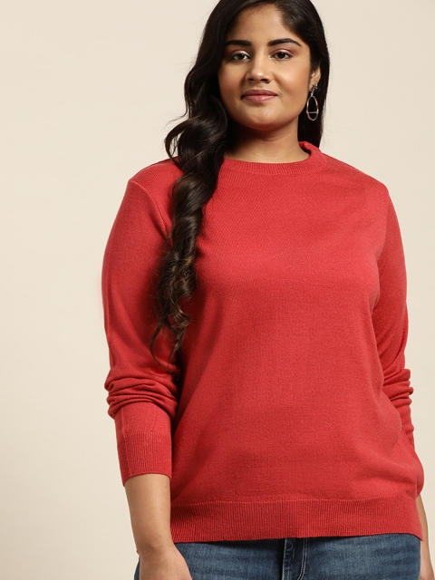 

Sztori Women Coral Pink Solid Plus Size Pullover Sweater