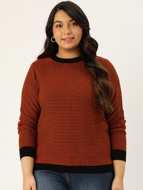 

Sztori Plus Size Women Rust Orange Black Self Design Pullover Sweater