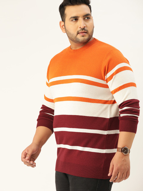 

Sztori Men Plus Size Orange & Off-White Striped Pullover