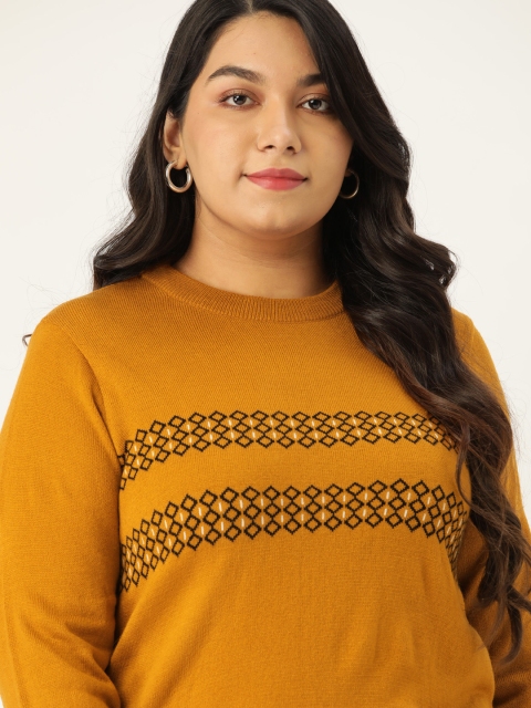 

Sztori Women Plus Size Mustard Yellow & Black Self Design Pullover