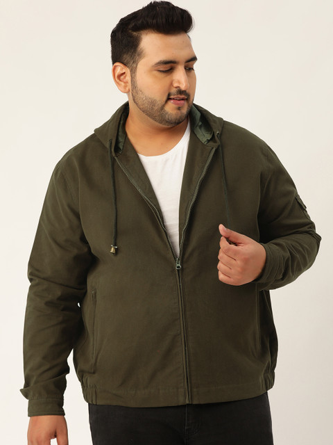 

Sztori Men Olive Green Solid Hooded Plus Size Tailored Jacket