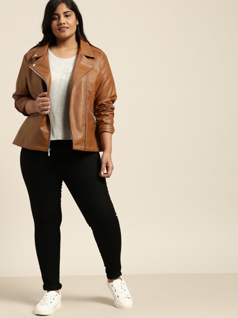 

Sztori Women Brown Solid Plus Size Asymmetric Closure Biker Jacket