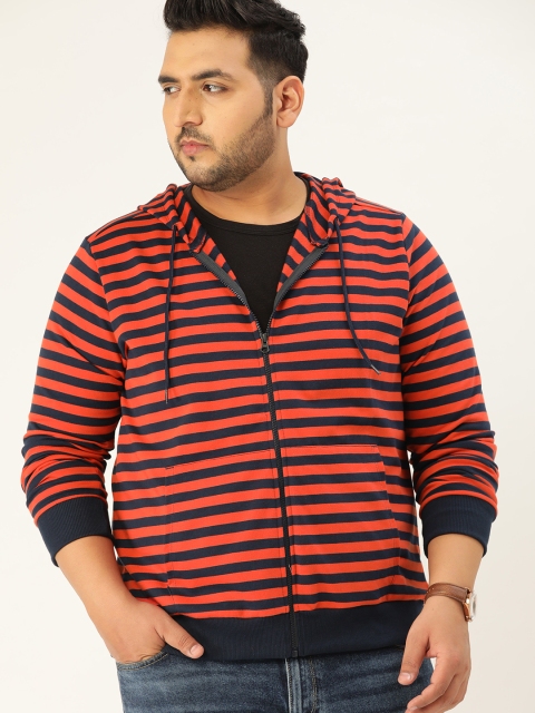 

Sztori Men Plus Size Rust Orange & Navy Blue Striped Hooded Sweatshirt