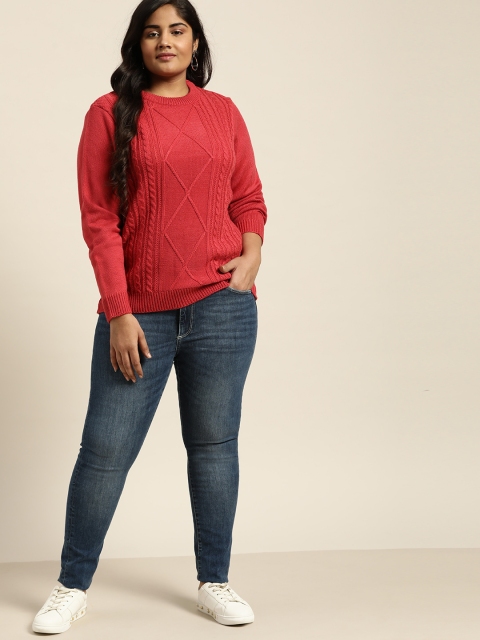 

Sztori Women Coral Pink Cable-Knit Plus Size Pullover Sweater