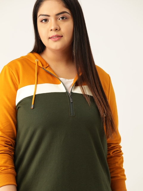 

Sztori Women Plus Size Olive Green & Mustard Yellow Colourblocked Hooded Sweatshirt