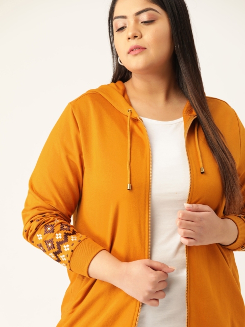 

Sztori Plus Size Women Mustard Yellow Solid Hooded Sweatshirt