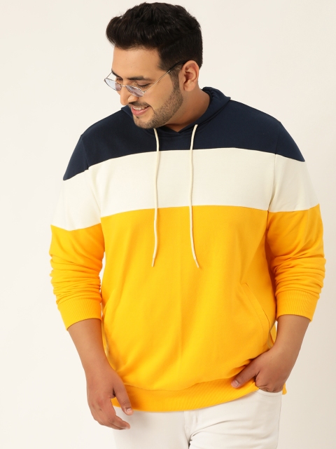 

Sztori Men Yellow & Navy Blue Colourblocked Plus Size Hooded Sweatshirt