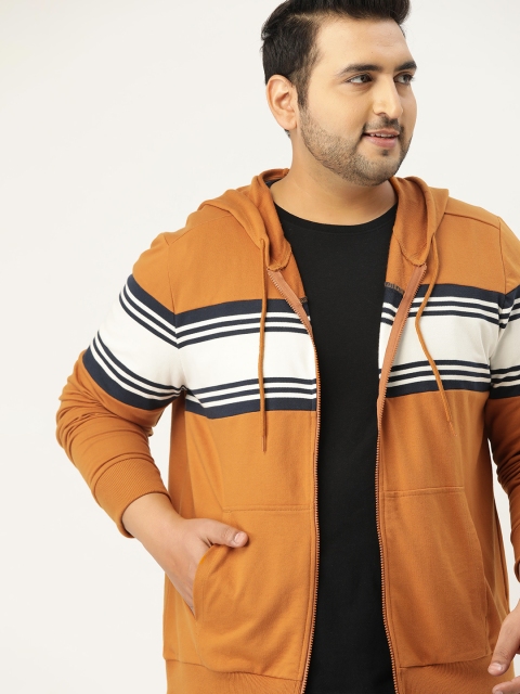 

Sztori Men Plus Size Mustard Yellow & Off-White Striped Hooded Sweatshirt