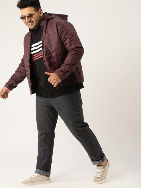 

Sztori Plus Size Men Burgundy Solid Hooded Padded Jacket
