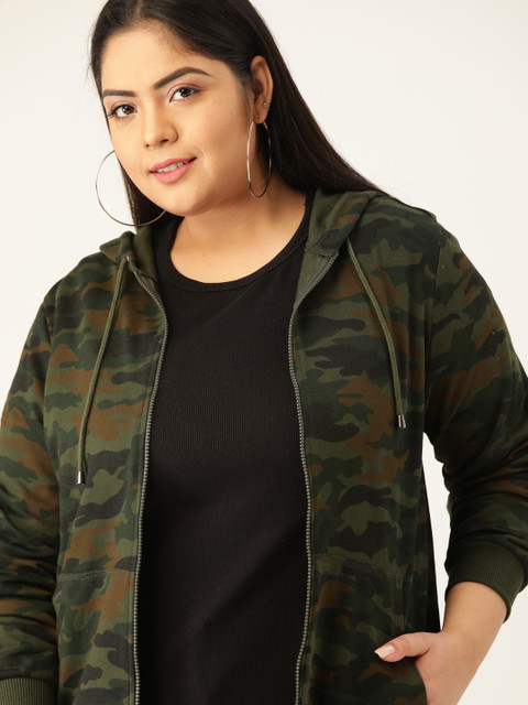 

Sztori Women Plus Size Olive Green & Charcoal Grey Camouflage Print Hooded Sweatshirt