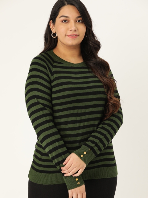 

Sztori Women Plus Size Black & Olive Green Acrylic Striped Pullover