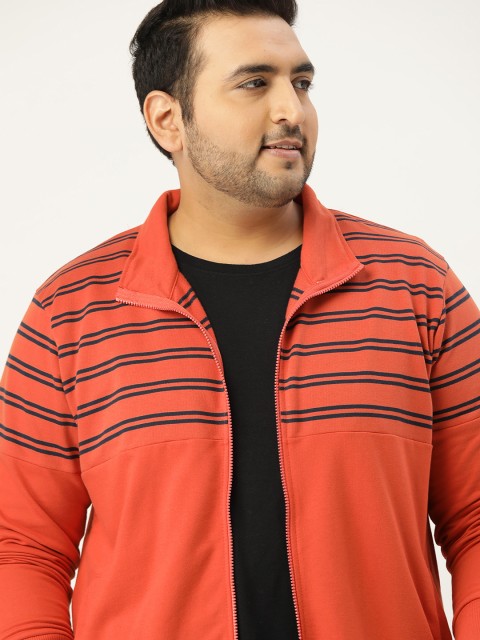

Sztori Men Plus Size Coral Orange & Navy Blue Striped Sweatshirt