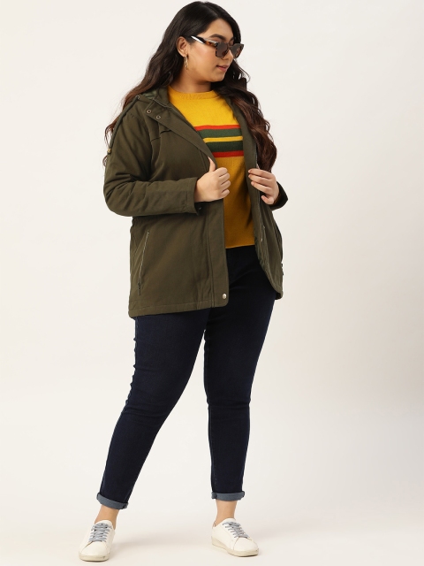 

Sztori Women Olive Green Solid Plus Size Hooded Tailored Jacket