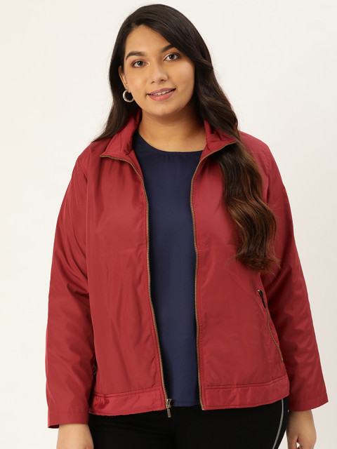 

Sztori Plus Size Women Maroon Solid Windcheater Tailored Jacket