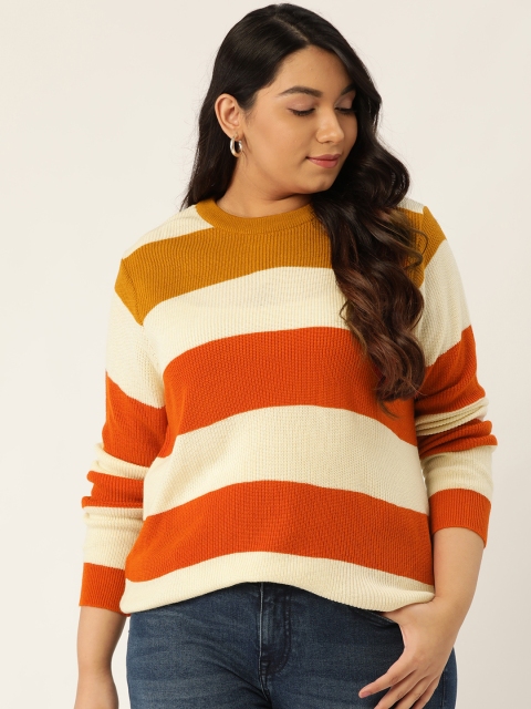 

Sztori Women Cream-Coloured & Rust Orange Plus Size Striped Pullover