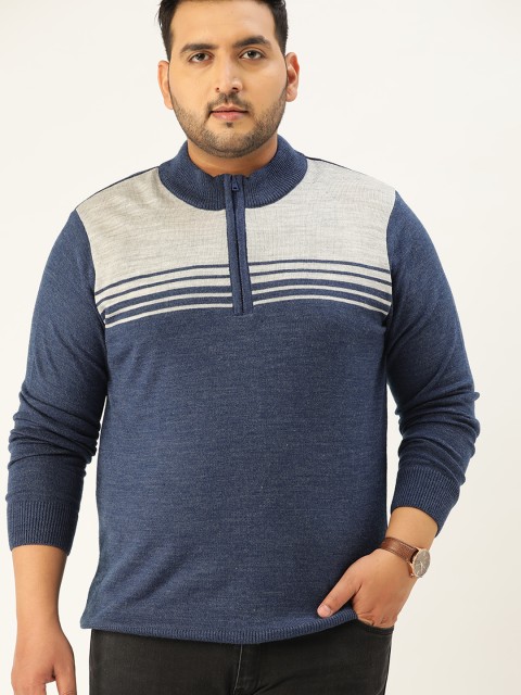 

Sztori Men Plus Size Navy Blue & Grey Melange Acrylic Colourblocked Pullover