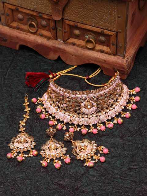 

ANIKAS CREATION Gold-Plated & Pink Handcrafted Bridal Look Enamelled Jewellery Set