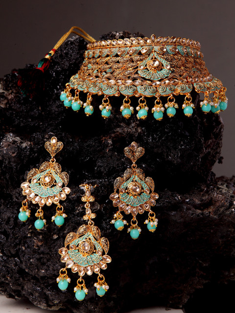 

ANIKAS CREATION Gold-Plated & Sea Green Handcrafted Bridal Enamelled Jewellery Set